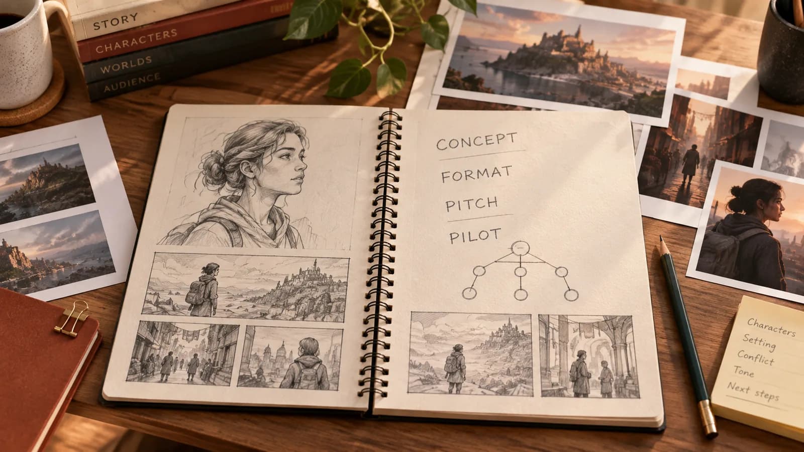 A concept notebook, story structure and visual references prepared for an original show pitch.